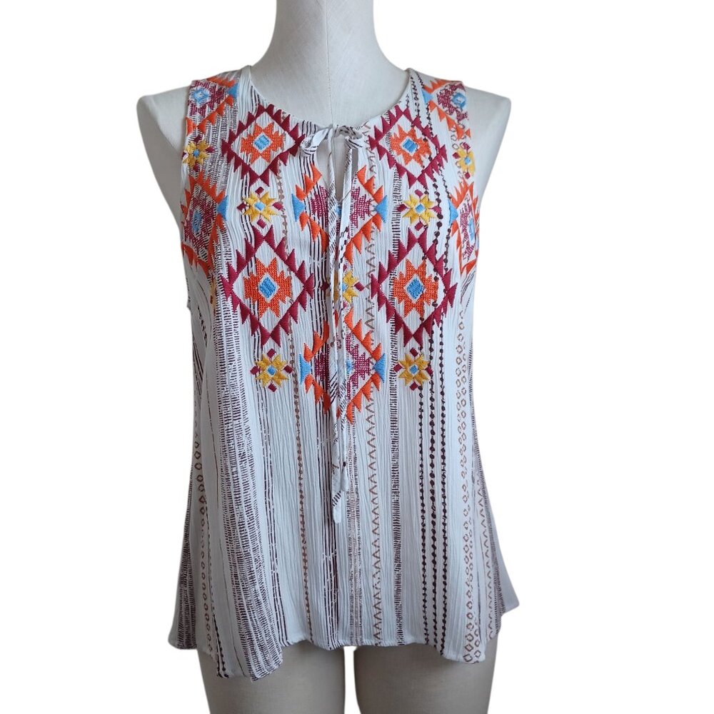 Savanna Jane Tank Brown Stripe Sleeveless Top Southwest Embroidery Womens Medium